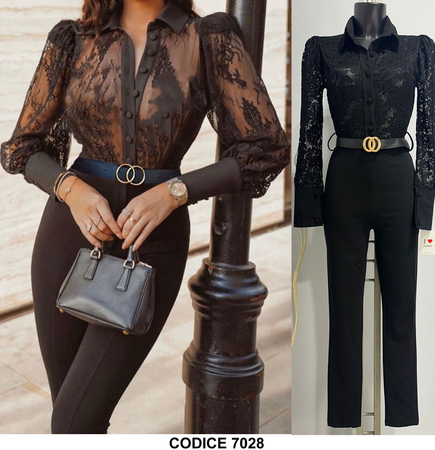 Tuta Elegante Intera Nera Pantalone Palazzo Maglia con Bottoni Merletto Pizzo Jumpsuit Nero - 7028Out