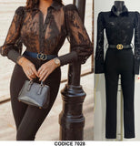 Tuta Elegante Intera Nera Pantalone Palazzo Maglia con Bottoni Merletto Pizzo Jumpsuit Nero - 7028Out