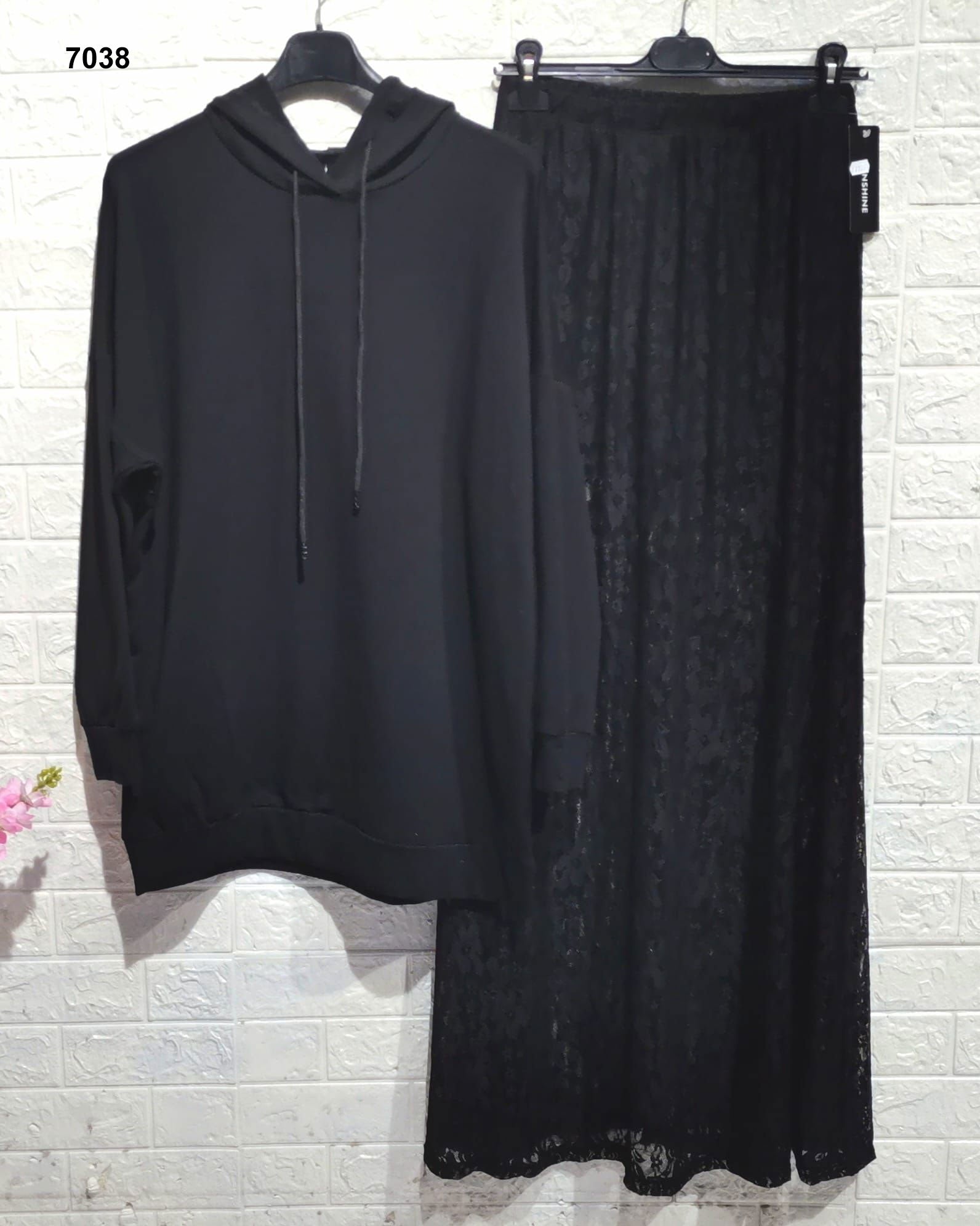 Completo Felpa Nera Manica Lunga Gonna Merletto Pizzo Coordinato Casual Elegante Nero - 7038