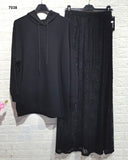 Completo Felpa Nera Manica Lunga Gonna Merletto Pizzo Coordinato Casual Elegante Nero - 7038