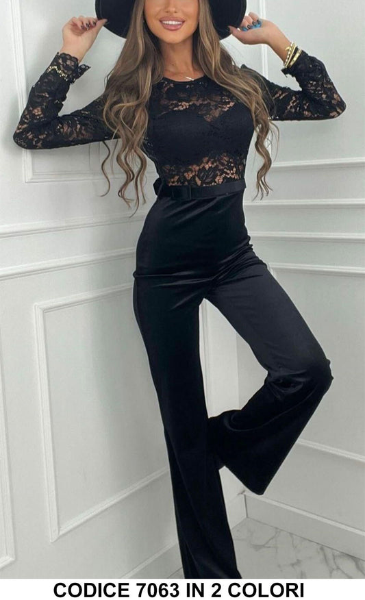 Tuta Elegante Intera Corpetto Merletto in Pizzo Pantalone Palazzo Jumpsuit Cerimonia Cocktail in 2 Colori - 7063