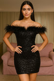 Abito Corto Interamente in Paillettes Scollo con Piume Vestito Sensuale Elegante Cocktail Evento in Nero - 7064Out