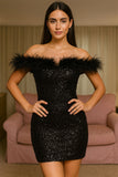 Abito Corto Interamente in Paillettes Scollo con Piume Vestito Sensuale Elegante Cocktail Evento in Nero - 7064Out