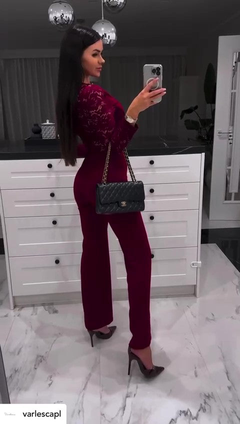 Tuta Elegante Intera Corpetto Merletto Pantalone Palazzo Jumpsuit Cerimonia Bottoni Gioiello Rosso o Nero - 7065