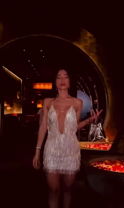 Abito Corto con Lustrini Elegante Sensuale Tubino Scollo Profondo Vestito Evento Serata in Beige - 7069Out