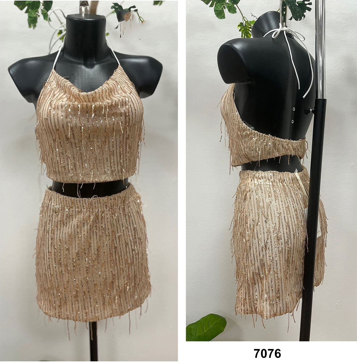 Completo Serata Maglia Top Gonna Corta Interamene in Paillettes Oro Coordinato Dorato Sensuale - 7076