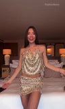 Completo Serata Maglia Top Gonna Corta Interamene in Paillettes Oro Coordinato Dorato Sensuale - 7076