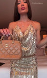 Completo Serata Maglia Top Gonna Corta Interamene in Paillettes Oro Coordinato Dorato Sensuale - 7076