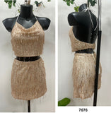 Completo Serata Maglia Top Gonna Corta Interamene in Paillettes Oro Coordinato Dorato Sensuale - 7076