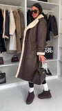 Cappotto Montone Lungo eco Pelliccia Bianca con Bottoni Giubbotto eco Pelle con Cintura in Nero - 7086Out
