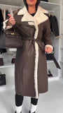 Cappotto Montone Lungo eco Pelliccia Bianca con Bottoni Giubbotto eco Pelle con Cintura in Nero - 7086Out
