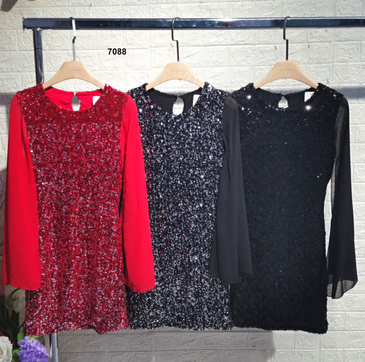 Abito Corto Elegante interamente in Paillettes Manica Aperta Pipistrello Vestito Serata Fashion in Nero Argento - 7088Out