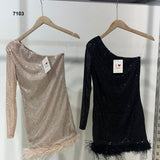 Abito Corto Elegante Monospalla con Piume sull'Orlo Finale Vestito in Paillettes Serata in Beige o Nero - 7103