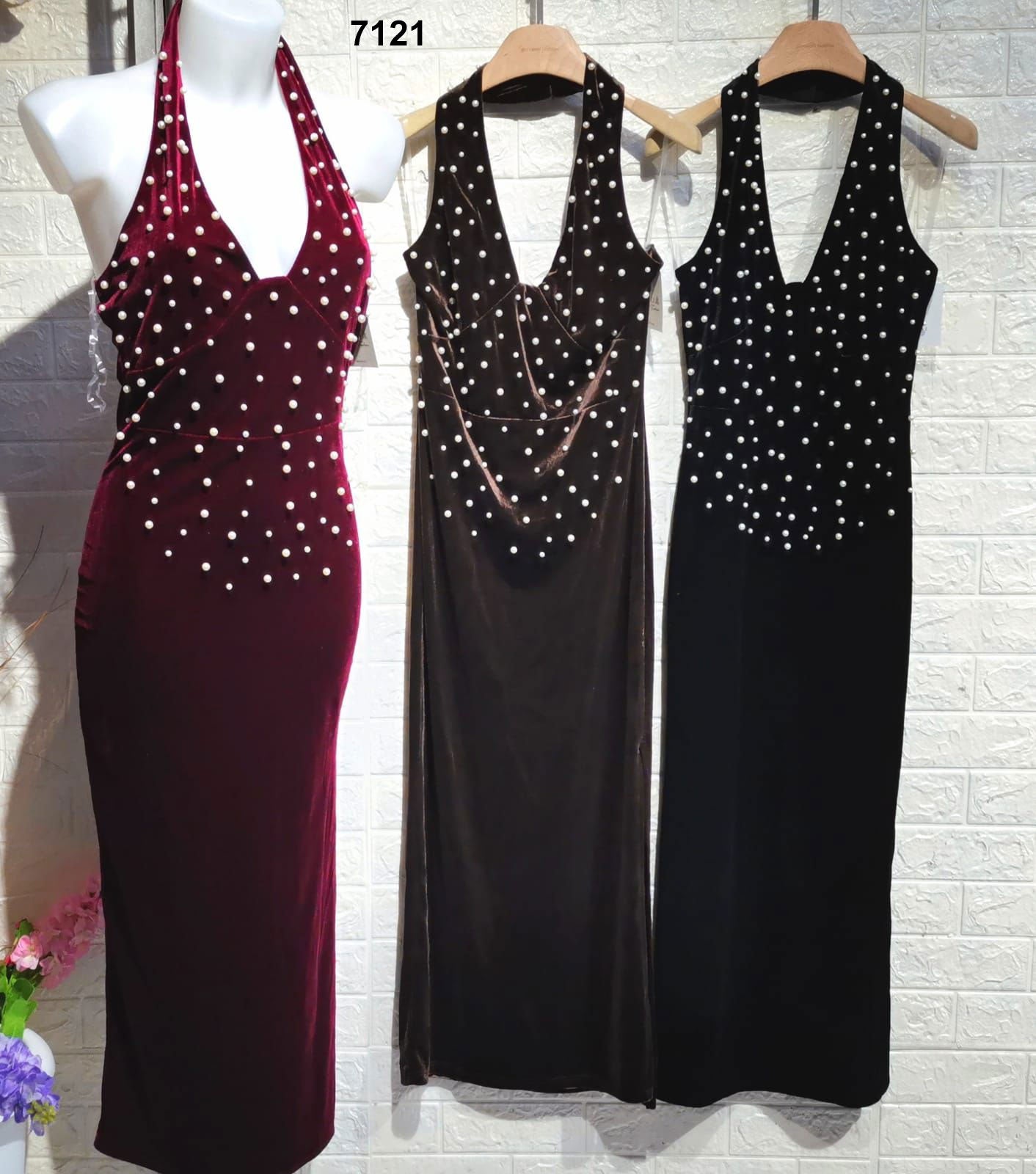 Abito Lungo Elegante Smanicato Applicazione Perline Scollo V Profondo Vestito con Spacco in 3 Colori - 7121