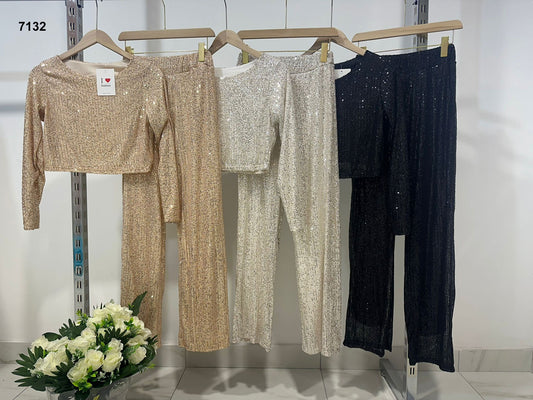 Completo Elegante interamente in Paillettes Casual Maglia Corta Pantalone Palazzo Coordinato in 3 Colori - 7132