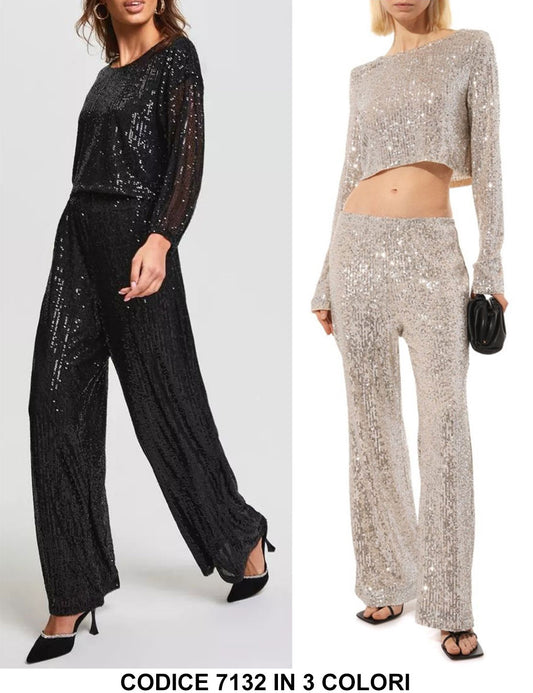 Completo Elegante interamente in Paillettes Casual Maglia Corta Pantalone Palazzo Coordinato in 3 Colori - 7132