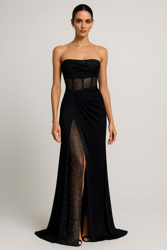 Abito Lungo Elegante da Cerimonia Nero Particolari Trasparenti Glitterati Vestito Serata Fashion Chic - 7150