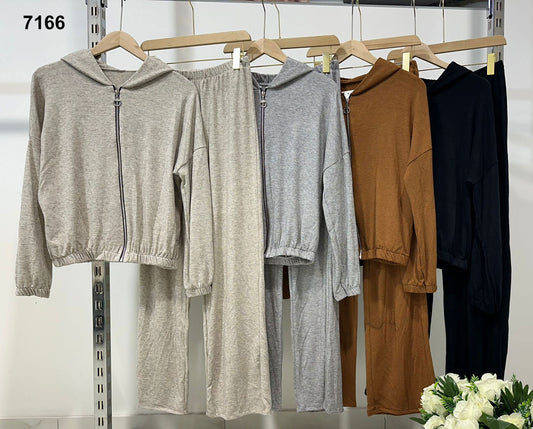 Completo Felpa con Zip e Cappuccio Pantalone Palazzo Coordinato Tuta Sportiva Glamour in 4 Colori - 7166
