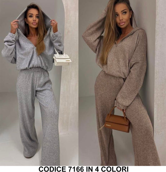 Completo Felpa con Zip e Cappuccio Pantalone Palazzo Coordinato Tuta Sportiva Glamour in 4 Colori - 7166