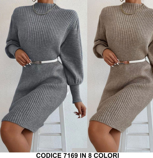 Abito Corto Casual Trama Righini Manica Sbuffo Stretta al Polso Vestito Tessuto Morbido in 8 Colori - 7169