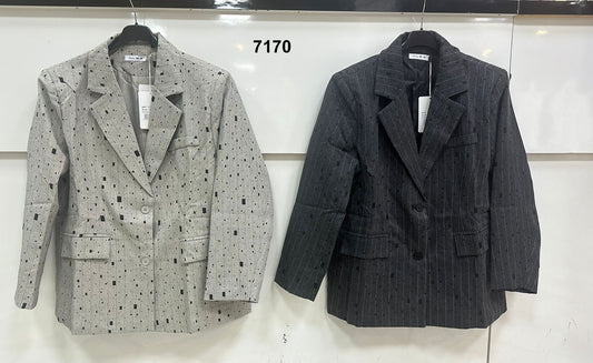 Giacca Blazer Donna Casual Doppio Petto Stampa Righini con Particolari Astratti in Grigio o Nero - 7170