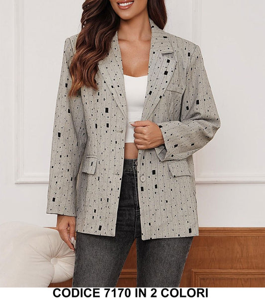 Giacca Blazer Donna Casual Doppio Petto Stampa Righini con Particolari Astratti in Grigio o Nero - 7170