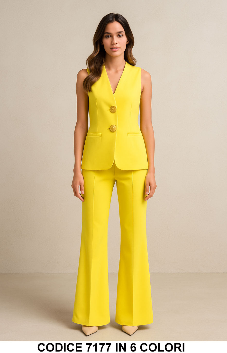 Completo Tailleur Gilet con Bottoni Grandi Oro Pantalone Palazzo con Spacco Coordinato Elegante in 2 Colori - 7177