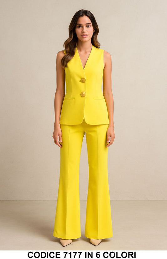 Completo Tailleur Gilet con Bottoni Grandi Oro Pantalone Palazzo con Spacco Coordinato Elegante in 5 Colori - 7177
