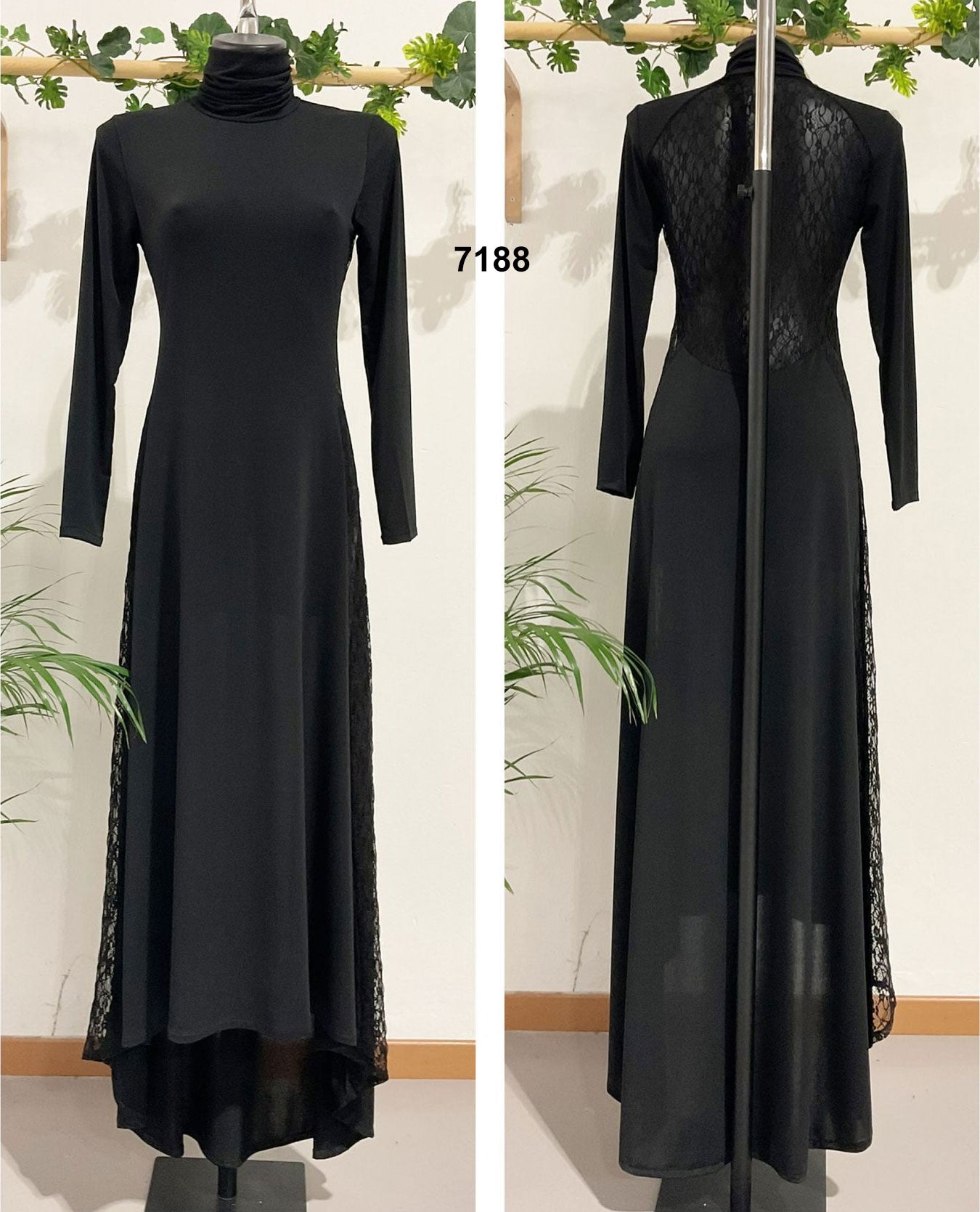 Abito Lungo Nero Elegante Cerimonia Collo Alto Schiena Semi Trasparente Merletto Vestito Sensuale - 7188