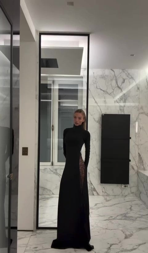 Abito Lungo Nero Elegante Cerimonia Collo Alto Schiena Semi Trasparente Merletto Vestito Sensuale - 7188