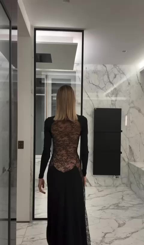 Abito Lungo Nero Elegante Cerimonia Collo Alto Schiena Semi Trasparente Merletto Vestito Sensuale - 7188