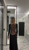 Abito Lungo Nero Elegante Cerimonia Collo Alto Schiena Semi Trasparente Merletto Vestito Sensuale - 7188