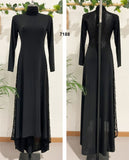 Abito Lungo Nero Elegante Cerimonia Collo Alto Schiena Semi Trasparente Merletto Vestito Sensuale - 7188