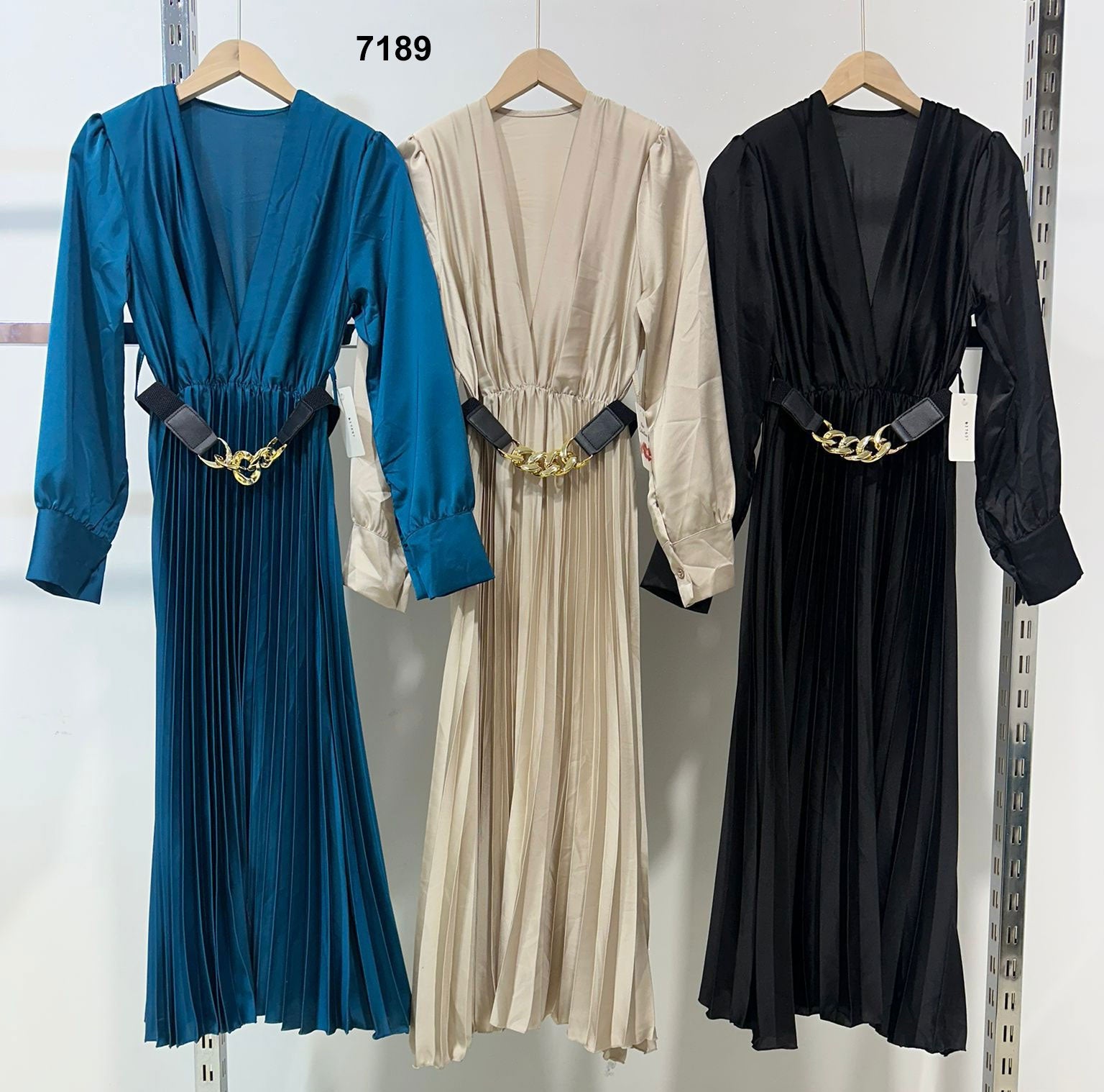 Abito Lungo Elegante Cerimonia Scollo V con Cintura Gioiello Vestito Manica Polsino in 3 Colori - 7189