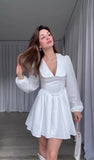 Abito Corto Elegante Romantico Scollatura Merletto Maniche Sbuffo Gonna Plissè Vestito in Bianco o Nero - 7197