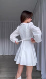 Abito Corto Elegante Romantico Scollatura Merletto Maniche Sbuffo Gonna Plissè Vestito in Bianco o Nero - 7197