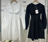 Abito Corto Elegante Romantico Scollatura Merletto Maniche Sbuffo Gonna Plissè Vestito in Bianco o Nero - 7197