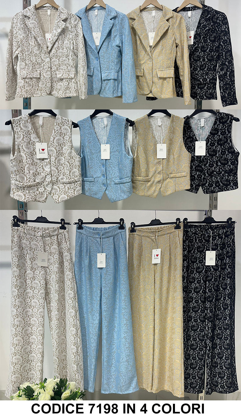 Tailleur Completo 3 Pezzi GIacca GIlet Pantalone Palazzo Trama Astratta Coordinato Elegante in 4 Colori - 7198