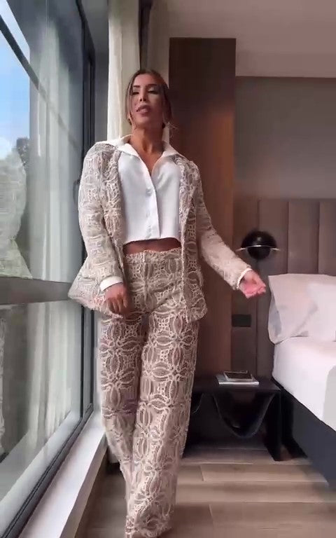 Tailleur Completo 3 Pezzi GIacca GIlet Pantalone Palazzo Trama Astratta Coordinato Elegante in 4 Colori - 7198
