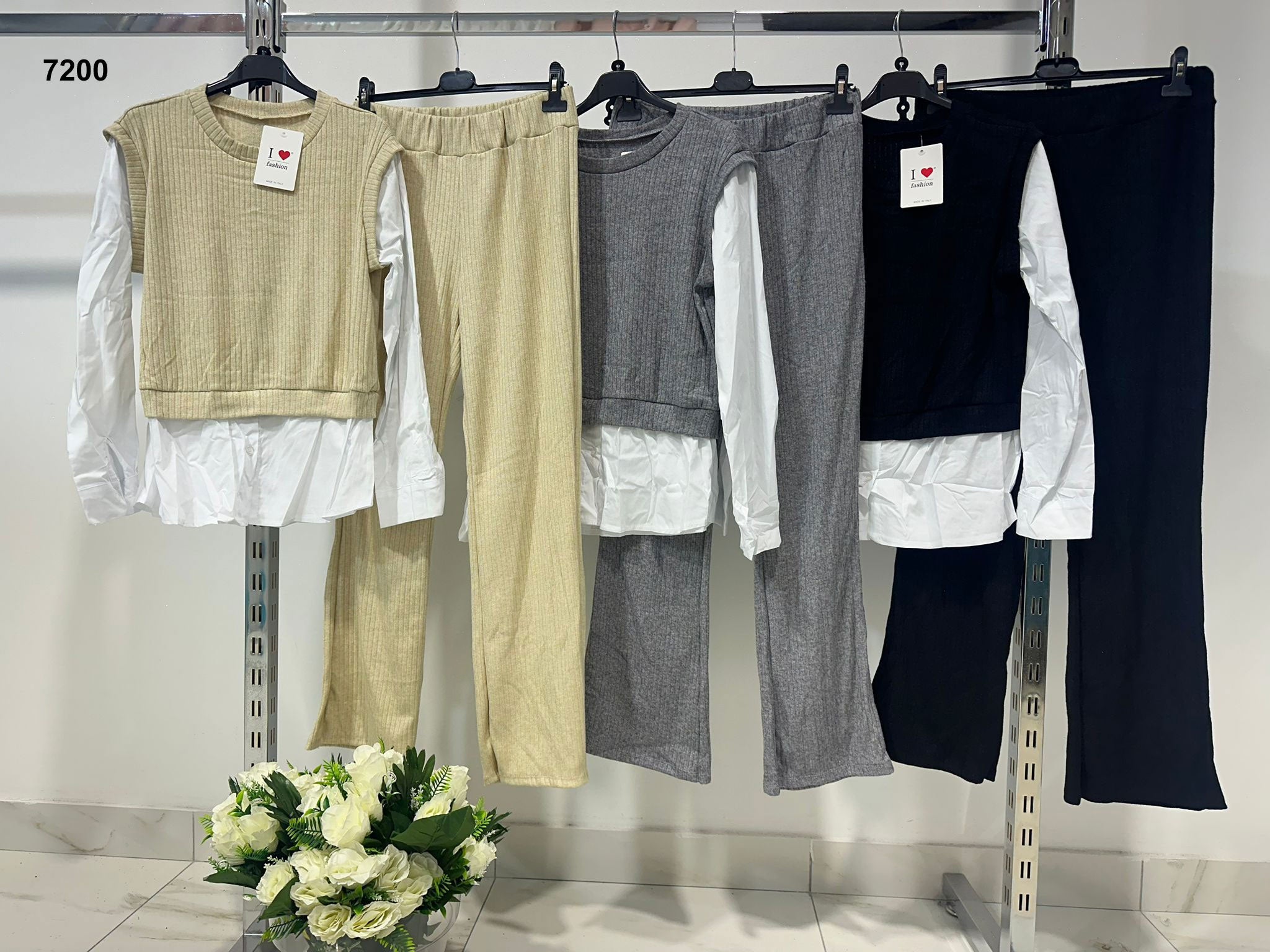 Completo Casual Maglia Gilet Camicia Bianca Pantalone Trama Righini Coordinato Tuta in 3 Colori - 7200