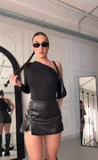 Completo Body Monospalla Nero Pantaloncino eco Pelle Pantagonna Shorts Coordinato Sensuale - 7201