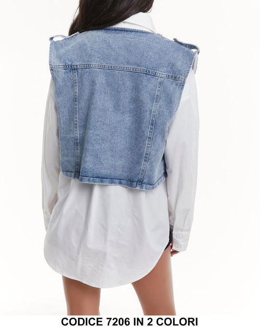 Completo Camicia Bianca Applicazione di Strass Giacca Jeans Chiodo con Zip Coordinato in 2 Colori - 7206