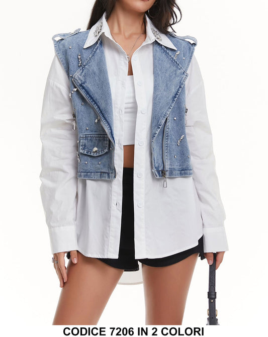 Completo Camicia Bianca Applicazione di Strass Giacca Jeans Chiodo con Zip Coordinato in 2 Colori - 7206