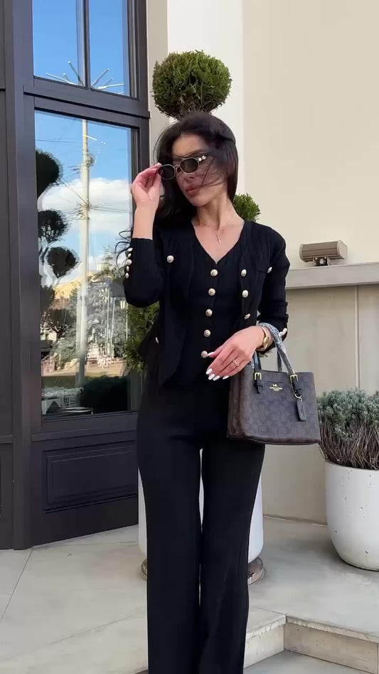 Completo Gilet Maglia Manica Lunga Pantalone Palazzo Bottoni Gioiello Dorati Coordinato in 6 Colori - 7207