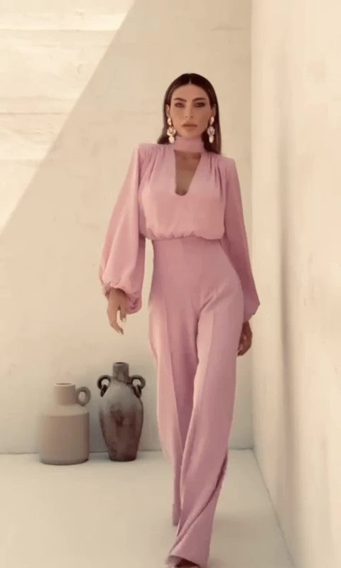 Tuta Elegante Collo Alto Maniche Sbuffo Jumpsuit Cerimonia Casual Pantalone Palazzo in 8 Colori - 7208