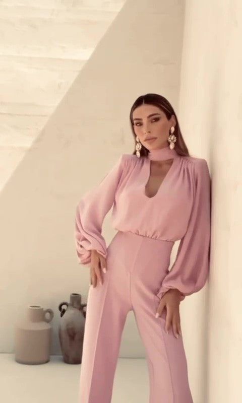 Tuta Elegante Collo Alto Maniche Sbuffo Jumpsuit Cerimonia Casual Pantalone Palazzo in 8 Colori - 7208