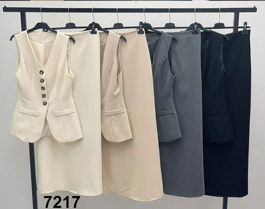 Completo Elegante Giacca Gilet Gonna Lunga Coordinato Tailleur Bottoni Gioiello in 4 Colori - 7217