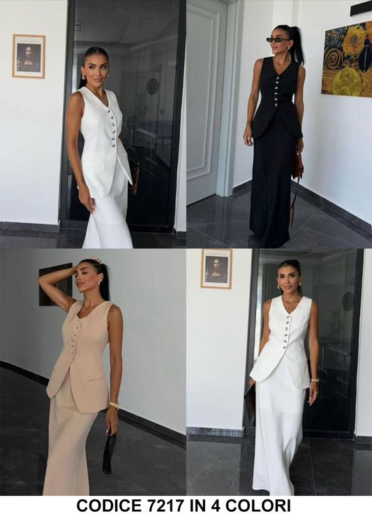 Completo Elegante Giacca Gilet Gonna Lunga Coordinato Tailleur Bottoni Gioiello in 4 Colori - 7217