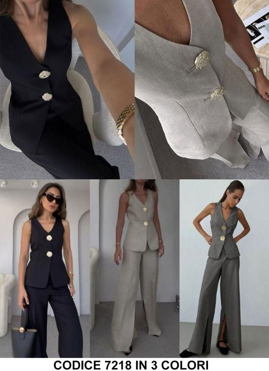 Completo Elegante Giacca Gilet Pantaloni Zampa con Spacco Coordinato Tailleur Bottoni Gioiello in 3 Colori - 7218