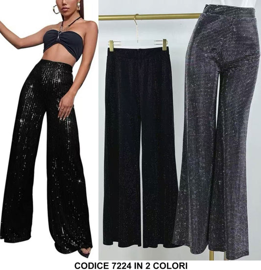 Pantalone Donna Fashion Interamente in Paillettes Pantaloni a Palazzo Elegante Argento o Nero - 7224